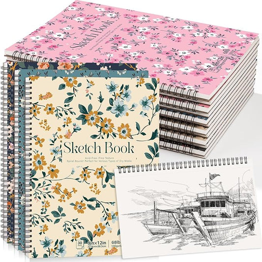 12 Pack Sketch Book 9 × 12 in, Top Spiral, 30 Sheets, Acid-Free Paper | 100gsm Paper, Hardcover with Rigid Backboard, Lay-Flat Top Spiral, for Sketching, Drawing, And Dry Media