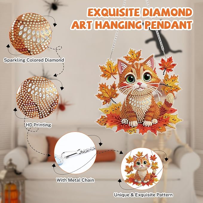 Bowetile Fall Squirrel Diamond Art Hanging Kits for Adults, Diamond Art Suncatchers Maple Leaf, 5D Special Shape Autumn Diamond Painting Pendant Window Ornament Gifts for Home Door Wall Decor