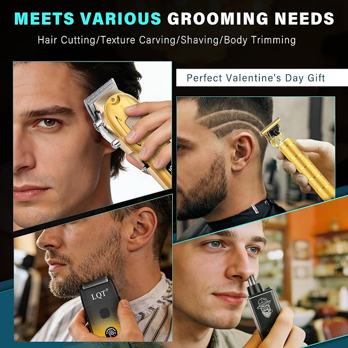 Hair Clippers for Men with LED Display, 4-Piece Cordless Grooming Kit with Hair Clipper, Beard Trimmer, Foil Shaver & Nose Trimmer, Complete Set for Home Barber (Gold)