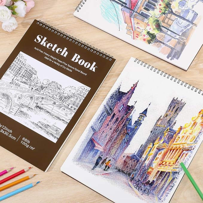 4 Pack Sketch Books 9 × 12 in, Top Spiral, 30 Sheets Each, Drawing Pad | 100gsm Acid-Free Paper, Hardcover with Rigid Backboard, Lay-Flat Top Spiral, for Sketching, Drawing & Dry Media