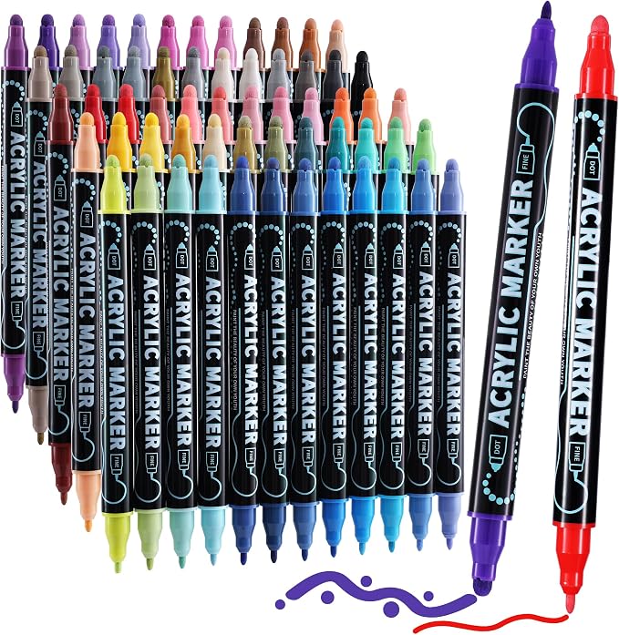 nauets 60 Colors Precision Dual Tip Acrylic Paint Markers Pens - Dot & Fine | Works on Rock, Wood, Fabric, Canvas, Glass, Scrapbook, Paper, Ceramic, Egg, DIY Craft Art Gift - Classroom & School Supplies