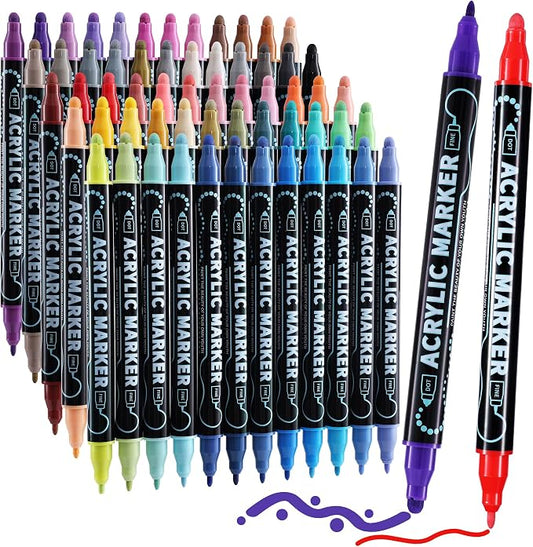 nauets 60 Colors Precision Dual Tip Acrylic Paint Markers Pens - Dot & Fine | Works on Rock, Wood, Fabric, Canvas, Glass, Scrapbook, Paper, Ceramic, Egg, DIY Craft Art Gift - Classroom & School Supplies