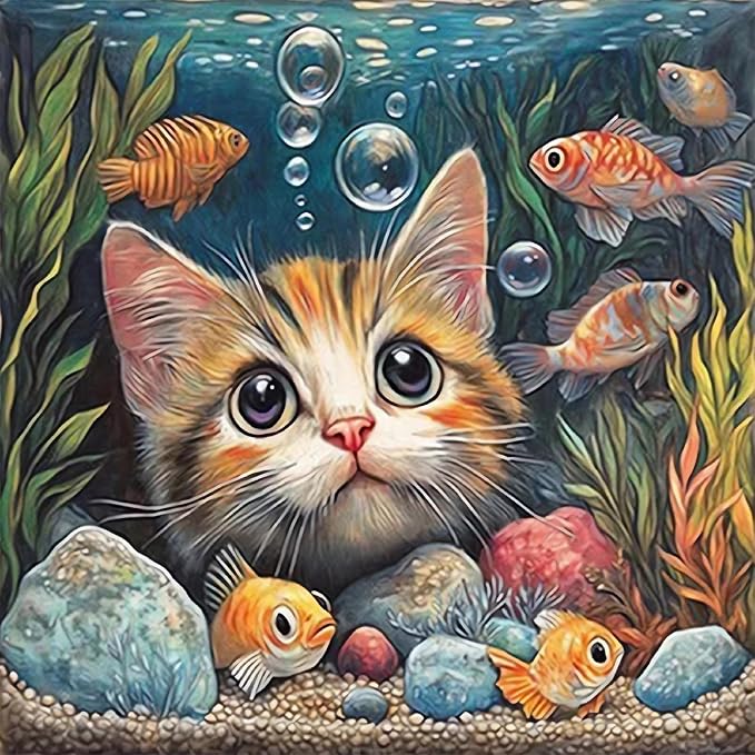 Cat Fish Funny Paint by Numbers Kit for Adults Framed Canvas Frameworkless | Easy Adult Paint by Number Kits on Canvas DIYCat Fish Funny Painting for Beginners Art by Numbers for Home Wall Decor Gift