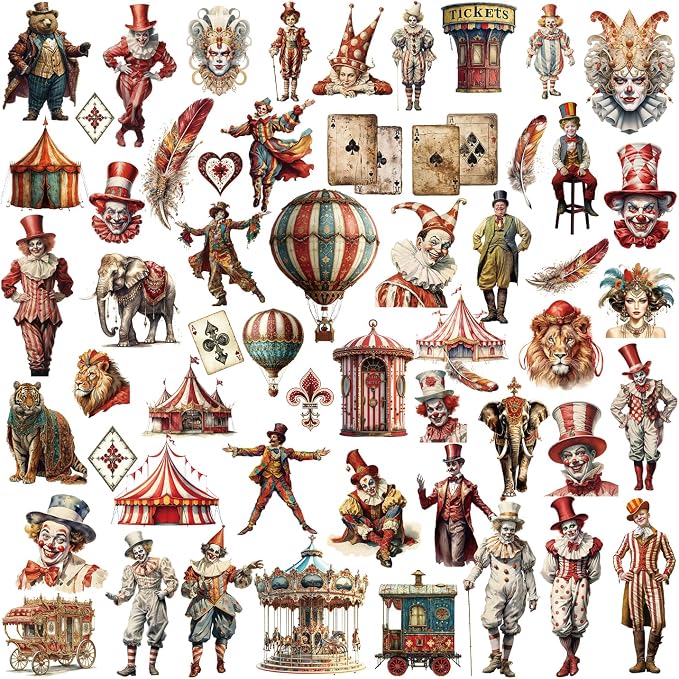 CATaireen Vintage Junk Journal Ephemera Scrapbooking Supplies Translucent Vellum Paper Stickers Card Making Decal Art Aesthetic for Adults (Character Circus)