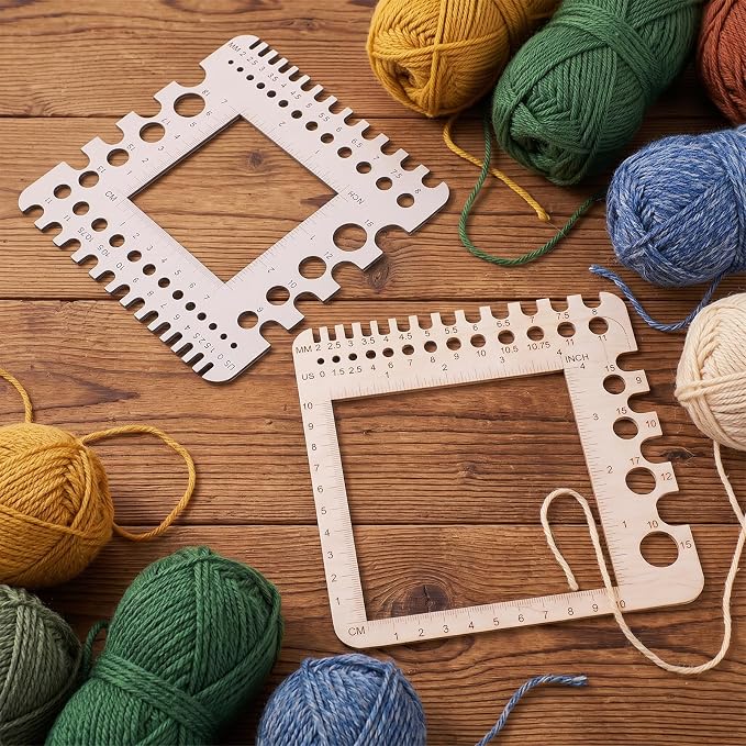 PEOVLVN 2 Pcs Crochet Gauge Measuring Tool, Crochet Stitch Counter Wooden Ruler Knitting Needle Gauge with Multi-Size Holes for Crafts Knitting & Crochet Supplies Accessories (Square)