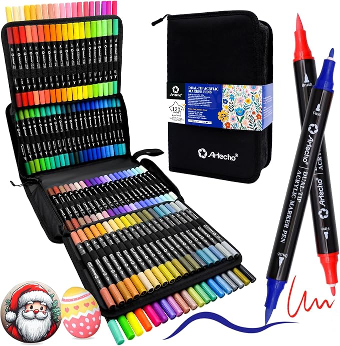 Artecho Acrylic Paint Markers 120 Colors with Bag（ Brush Tip and Fine Tip ） | Ideal for Rock Painting, Stone, Wood, Paper, Canvas, Ceramic, Glass, Fabric & DIY Crafts