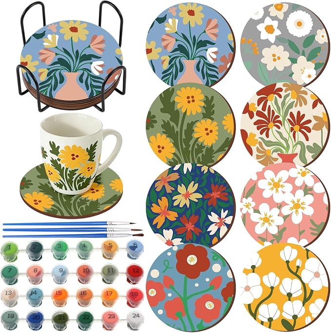 Reallnaive 8 Pcs Flower Paint by Numbers Kit for Adults Floral Coasters | Mini Paint by Numbers, Tiny Round Oil Painting Drink Coaster with Holder, for Small DIY Craft Birthday Gift