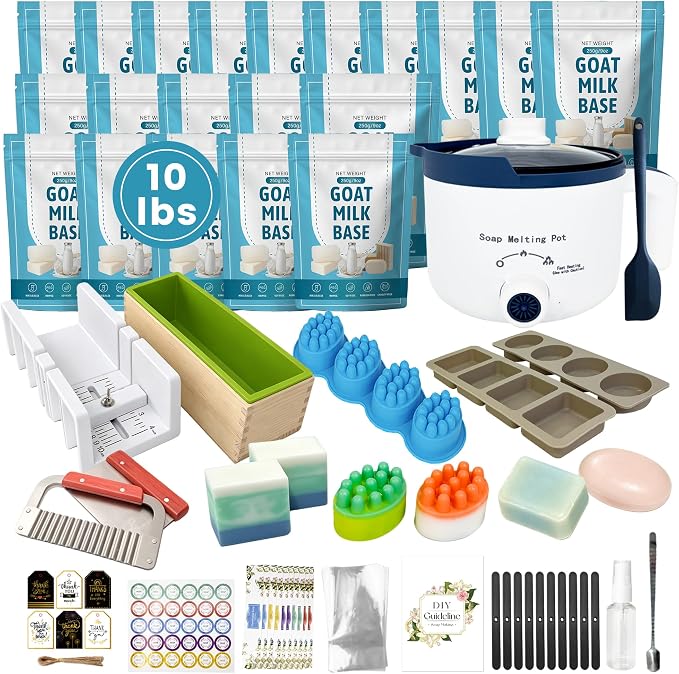 PIUH Goat Milk Soap Making Kit with Soap Melter & 10 Lbs Pre-Cut Soap Base | Loaf Soap Mold Cutting Set & Massage Mold, SLS/SLES Free No Palm Oil Soap Making Supplies for Adults Beginners