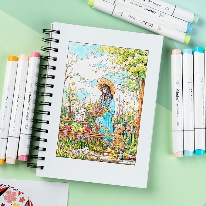 Ohuhu 5.5"x8.5" Double-Sided Bleedproof Marker Pad Art Sketchbook 60 Sheets | Small Sketch Book - 90 LB/150 GSM Smooth Drawing Paper - 60 Sheets/120 Pages - Spiral-Bound Sketch Pad for Alcohol Markers