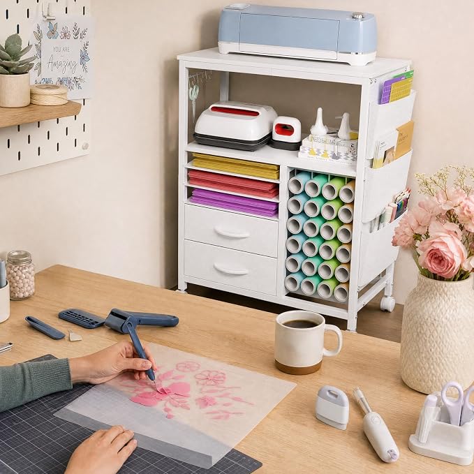 Craft Organizer and Storage Cart Compatible with Cricut Machine Stand Rolling Craft Cabinet Table with Drawers Shelf Vinyl Roll Holders Accessories Holder Tool Hooks for Craft Workstation Room-White