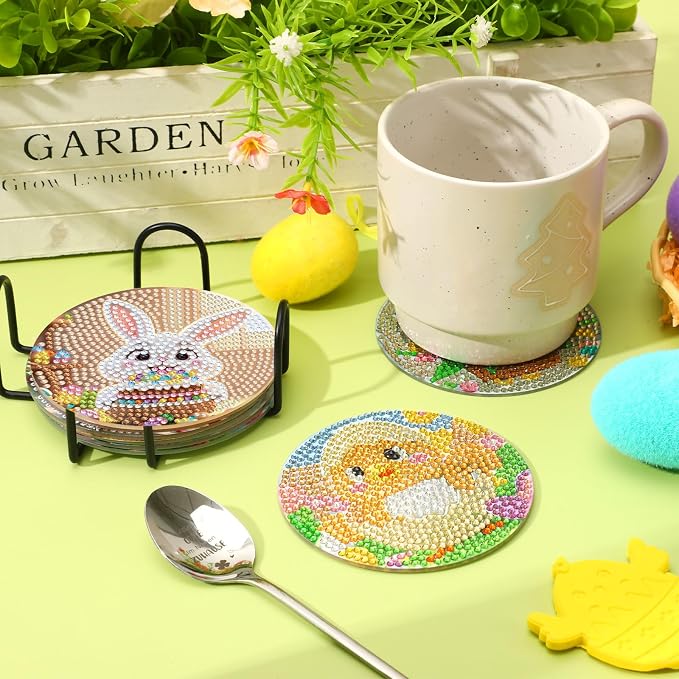 UPINS 8 Pieces Easter Diamond Art Coasters,Bunnies Diamond Art Coaster for Adults Diamond Kits Supplies for Spring Easter Gift