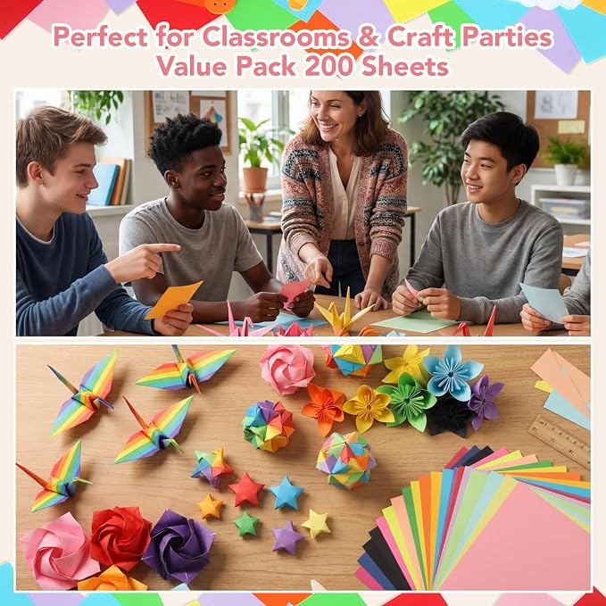 20 Colors Origami Paper 6 × 6 In, 200 Sheets Oragami kit for Kids Ages 8-12 | Square Origami Paper, Easy to Fold, Colorful Crafts for Handmade Projects, Folding, Diy Party Decor & Back to School Gifts