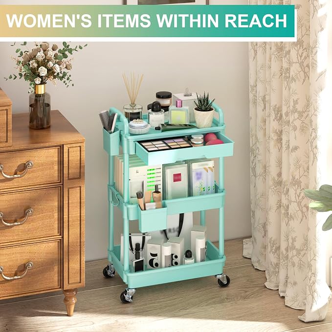 Goovilla 3 Tier Rolling Utility Cart Organizer with Removable Drawer, Blue | Stable and Sturdy Rolling Storage Carts with 2 Lockable Wheels for Bathroom, Kitchen, Snack, Craft, Makeup, Baby Essentials