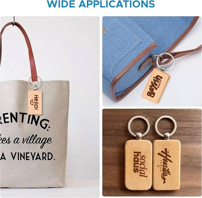 OMTech Wooden Keychain Blanks, Wood Key Chain Bulk, Unfinished Wooden Key Rings Key Tags for Laser Engraving DIY Craft Gift