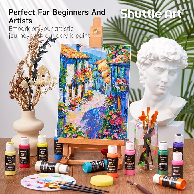 Shuttle Art 80 Colors Acrylic Paint, Acrylic Paint set with 12 Paint Brushes, 2oz/60ml Bottles, Rich Pigmented, Premium Paints for Artists, Beginners and Kids on Canvas Rocks Wood Ceramic