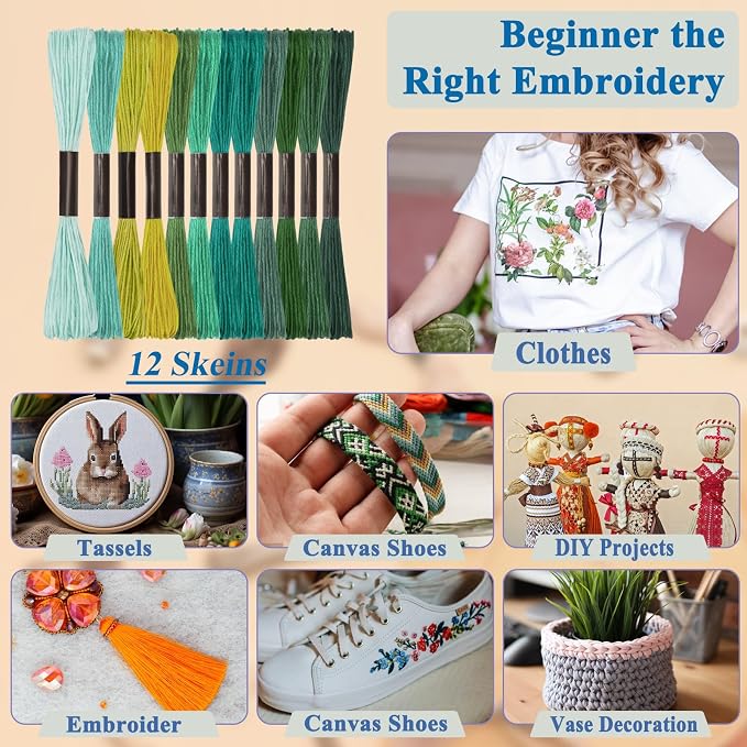 Amrules Friendship Bracelet String, 12 Pcs Embroidery Floss, Green Series | Including 344.5" Cotton Cross Stitch Thread, Hand Embroidery Thread for DIY Sewing and Embroidery Crafts Making