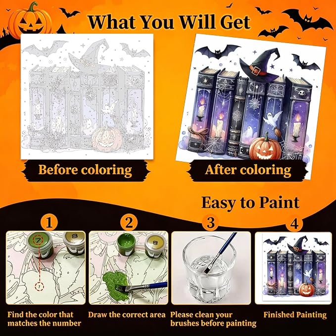 Arttoplus Halloween Framed Paint by Numbers Kit for Adults 10x10inch, Book | Adult Paint by Number Kits on Canvas with Easel for Beginner & Kids Ages 8-12, Easy Acrylic Oil Painting Kits for Home Decor