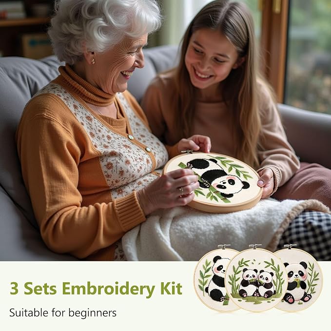 Santune Beginners Embroidery Kit for Adult Needlepoint Cross Stitch Kits Needle Point Sets with Panda Embroidery Patterns, Includes Step-By-Step Instructions and Accessories