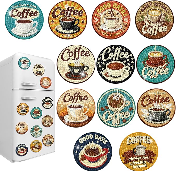 Zonon 12 Pcs Coffee Diamond Art Magnets, Diamond Painting Fridge Decor | Magnetic Stickers for Fridge Locker Board, Coffee Bar Decor with Kids, Small Painting Art Set in Home Kitchen