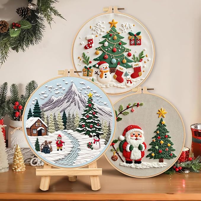LB Red Christmas Embroidery Kit for Beginners Adults, 3 Sets Hand Embroidery Starter Kit with Santa Pattern and Instructions Stamped Cross Stitch Kits Include Embroidery Hoop Needles Threads Scissors
