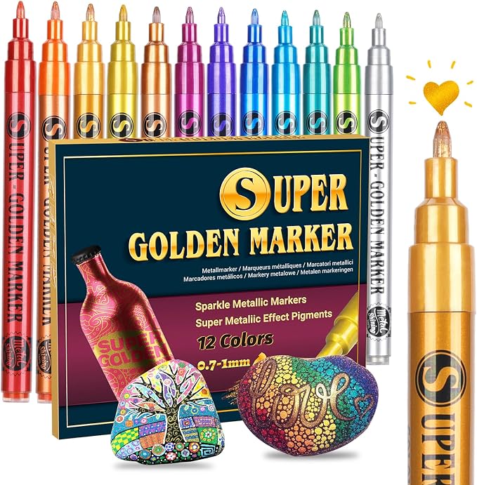 SAKEYR Super Golden Metallic Paint Markers, 12 Colors Sparkle Metallic Glitter Markers, 0.7mm Extra Fine Point Acrylic Paint Pens for Rock Painting, Glass, Wood, Black Paper, Scrapbook, DIY Art Crafts