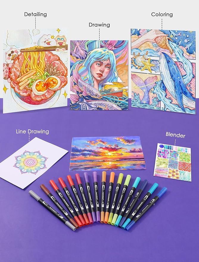 36 Colors Dual Tip Watercolor Markers Pens for School Supplies-Brush & Fine | Coloring Markers No Bleeding for Adult Coloring Books Calligraphy Card Making Sketching Journaling Note Taking Planner Travel