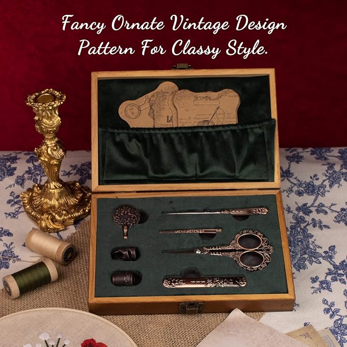Vintage Embroidery Scissors Kit, Victorian Needlework Gift Set with Antique Shear, Thread Cutter, Thimbles, Needles, Awl, Bodkin, Winding Board for Sewing, Knitting, Cross Stitch, Quilting