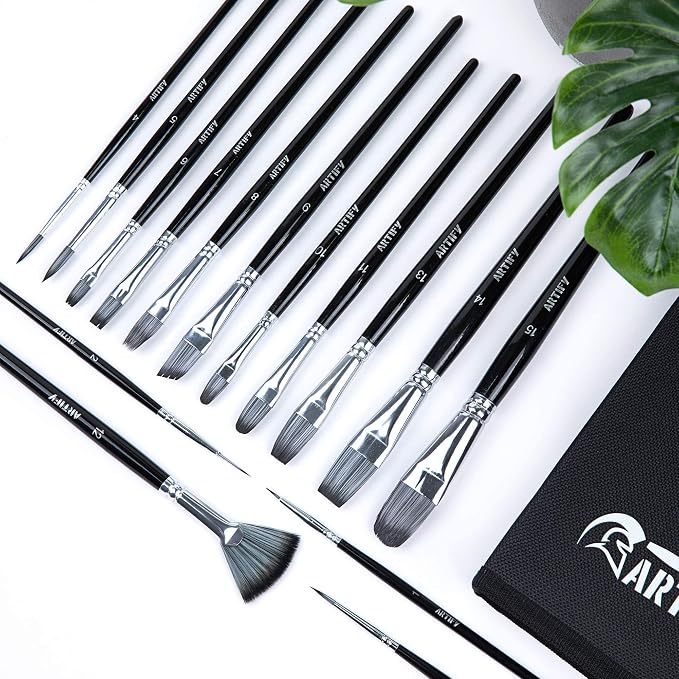 18 Piece Paint Brush Set, ARTIFY 15 Acrylic Paint Brushes, Palette Knife, and 2 Sponges, Professional Artist Paint Brushes for Acrylics, Watercolors, Gouache, Canvas, and Face Painting,Black
