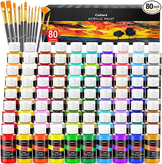 Caliart 80 Colors Acrylic Paint Set with 12 Brushes | Craft Painting kit for Adults Artists Beginners, Halloween Pumpkin Canvas Wood Rock Ceramic Fabric Art Supplies Paints