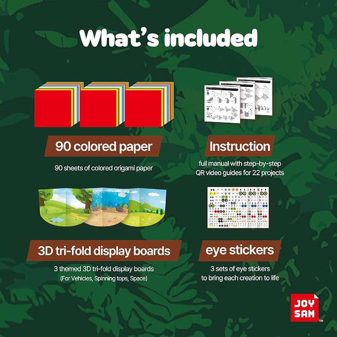 JOYSAM Wild Wonders Explorer Origami Paper Folding Kit for Kids Ages 5-8 8-12, Made in Korea, 22 Projects with Tri-fold 3D Display Boards, Easy Manual with QR Video Tutorial Included