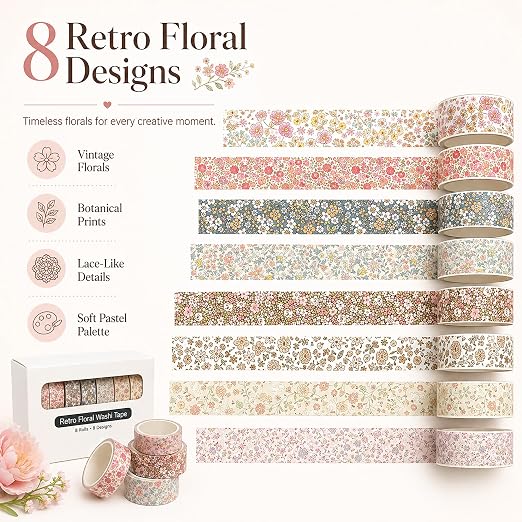 8 Rolls Vintage Washi Tape Set Thin Retro Decorative Antique Patterns Masking Tapes for Arts, DIY Crafts, Journals, Planners, Scrapbook, Wrapping (Flowers)