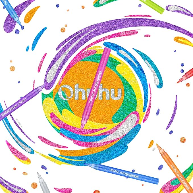 Ohuhu Glitter Marker Pens 12 Colors Fine Tip for Painting Coloring Crafts
