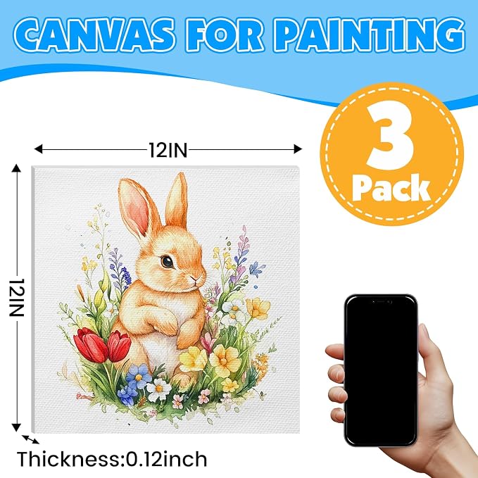 ESRICH Canvas for Painting, 3 Pack Square Canvas Boards for Painting 12x12 100% Cotton Primed Acid Free Blank Canvas Panels for Oil Paint, Watercolor, Acrylic Paint, Gouache and Tempera.