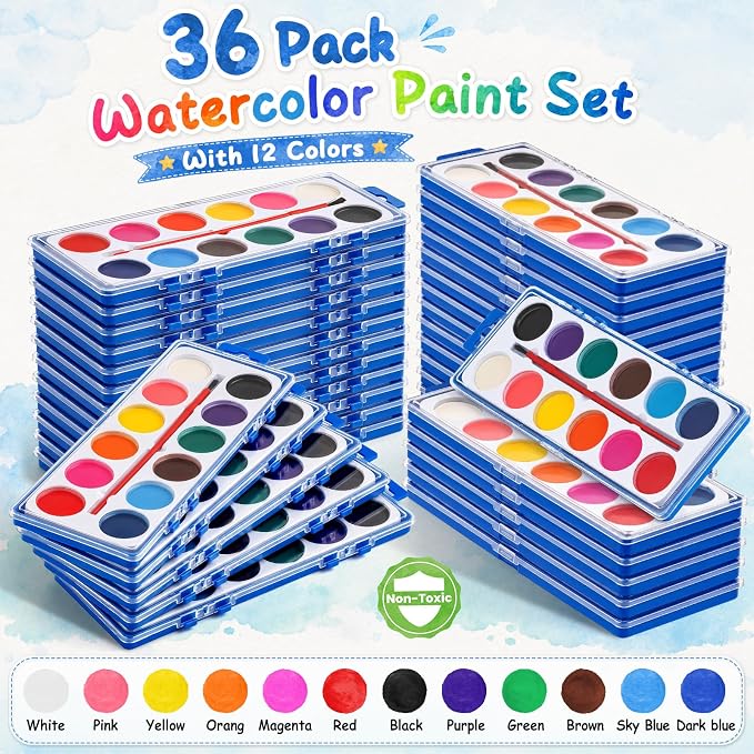 36 Pack Watercolor Paint Set, 12 Colors Washable Watercolor Paint Bulk