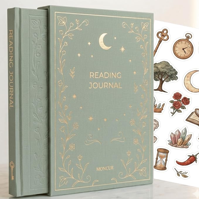 Reading Journal for Book Lovers – Book Accessories Linen Hardcover Book Journal with Slipcase, Reading Log & Review Pages (67 Books), Fantasy Aesthetic Cover, Sticker Sheets Included, Book Tracker Gift for Readers (Sage Green)