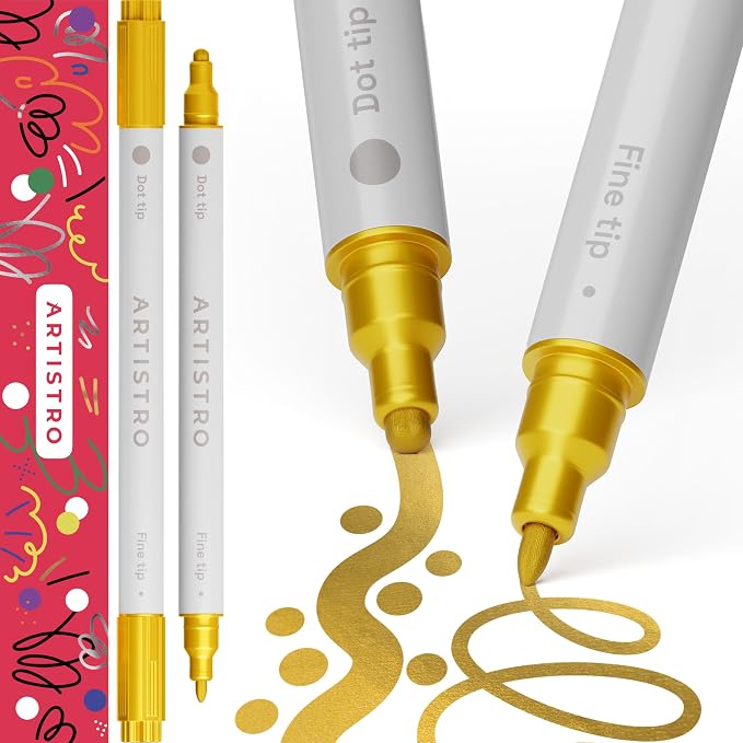 ARTISTRO Gold Dual-Tip Acrylic Paint Pens - Set of 2 | 5mm Dot + 1mm Fine Tips, Multisurface Markers, Perfect for Glass, Rock, Fabric, Wood, Plastic, & More