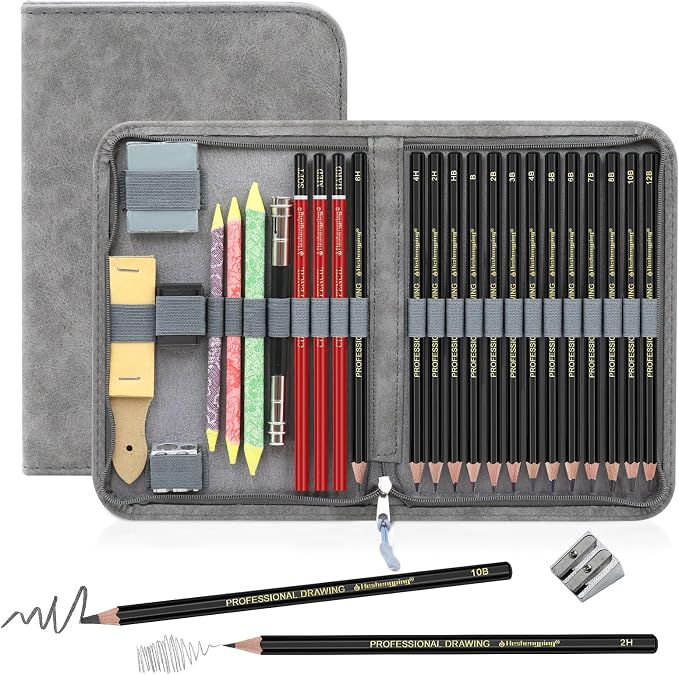 Heshengping Sketching and Drawing Pencils Set 26pcs, Art Supplies Drawing pencil Kit,Graphite Charcoal Professional Pencils Set, Adults Beginners Artist