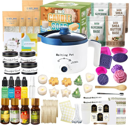 PIUH Basic 2-in-1 Candle & Soap Making Supplies Kit with Wax/Soap Melter | DIY Candle & Soap Kit for Craft Starter with Soy wax, Soap Base, Molds and Supplies for Making Handmade Gifts