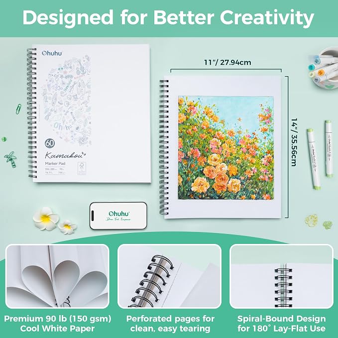 Ohuhu 11"x14" Double-Sided Bleedproof Marker Pad Art Sketchbook 60 Sheets | Large Sketch Book - 90 LB/150 GSM Smooth Drawing Paper - 60 Sheets/120 Pages - Spiral-Bound Sketch Pad for Alcohol Markers