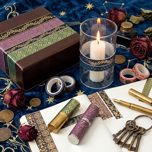 Gold Foil Washi Tape Set — 24 Rolls Vintage Dark Academia Aesthetic, Baroque Gothic Jewel Tone Decorative Tape for Junk Journal Supplies, Scrapbook, Planner — Gift Box (3 Sizes)