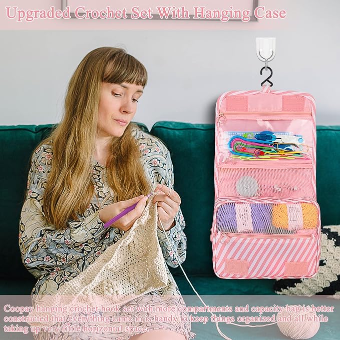 Coopay 63 Pcs Crochet Kit for Beginners, All-in-One Crochet Starter Kits | Complete Crocheting Set with Yarn, Ergonomic Crochet Hooks, Easy-to-Follow Tutorial,Storage Case-Idea Starter Kits Gift（Pink）