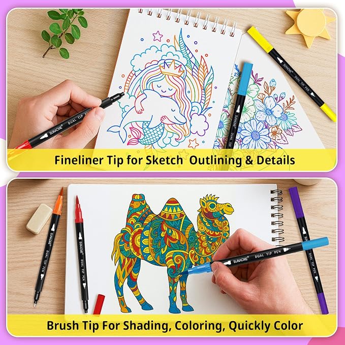 sunacme 36 Colors Dual Brush Marker Pens, Art Marker Set with Brush and Fineliner Tip for Adults Coloring Books, Journaling, Note Taking