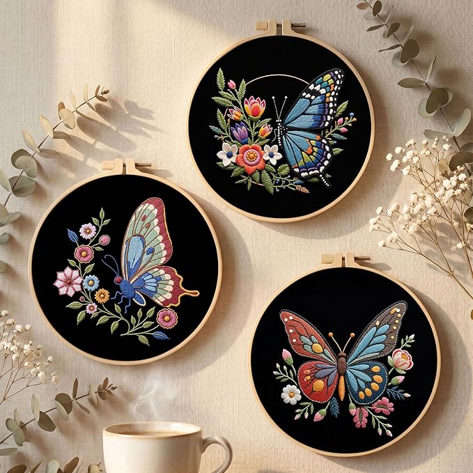 Santune Embroidery Kit Needlepoint Cross Stitch Kits for Beginners Adult Needle Point Sets with Butterfly Embroidery Patterns, Includes Step-By-Step Instructions and Accessories