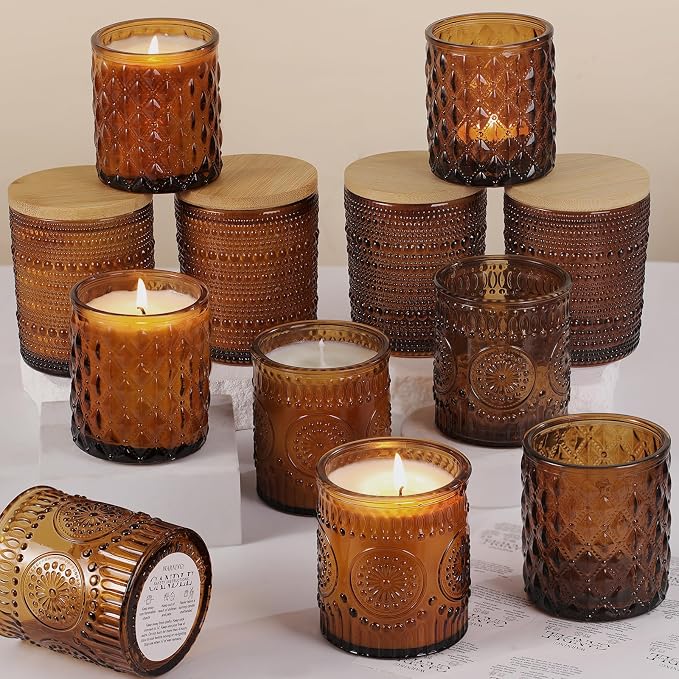 12Pack Amber Candle Jars - 3 Styles Candle Jar with Lids for Any Décor