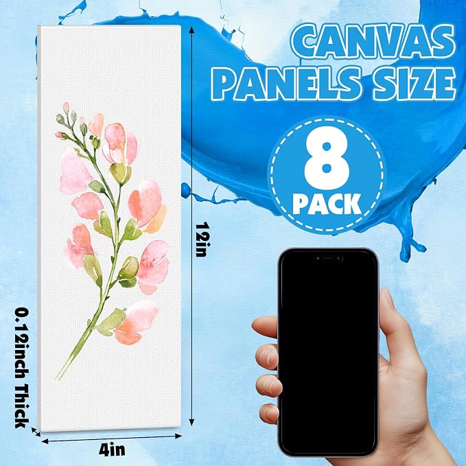 ESRICH Long Canvas for Painting, 8 Pack 4x12 Canvas Boards for Painting Cotton Primed Acid Free Blank Canvas Panels for Oil Paint, Watercolor, Acrylic Paint, Gouache and Tempera.