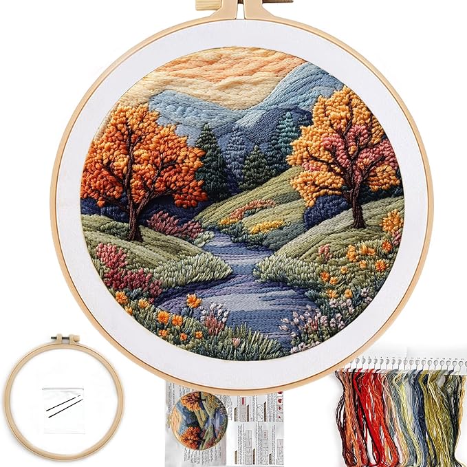 FONNUY Embroidery Kit for Beginners, Boho Nature Landscape Pre-Stamped Pattern Kits for Adults with Hoop, Easy to Follow Color Thread Needlework, 8'' Hoop (Mountain Trail)