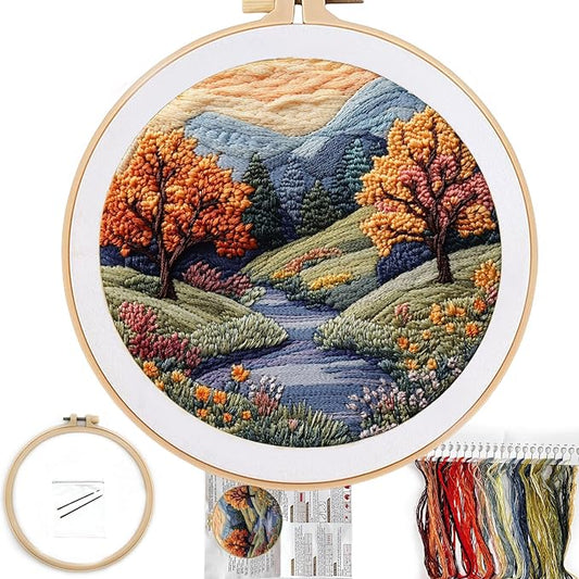 FONNUY Embroidery Kit for Beginners, Boho Nature Landscape Pre-Stamped Pattern Kits for Adults with Hoop, Easy to Follow Color Thread Needlework, 8'' Hoop (Mountain Trail)