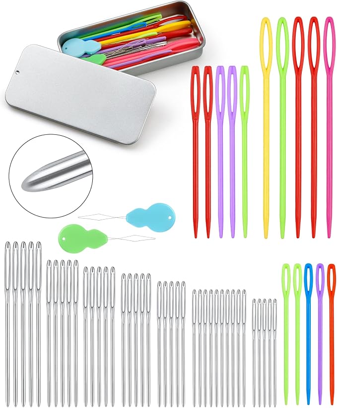 FIVEIZERO 55 PCS Yarn Needles Large Eye for Crochet, 8 Sizes Stainless Steel Yarn Needles & 3 Sizes Plastic Needles for Crochet, Darning, Weaving, and DIY Crafting with Threaders, Needlepoint Kits
