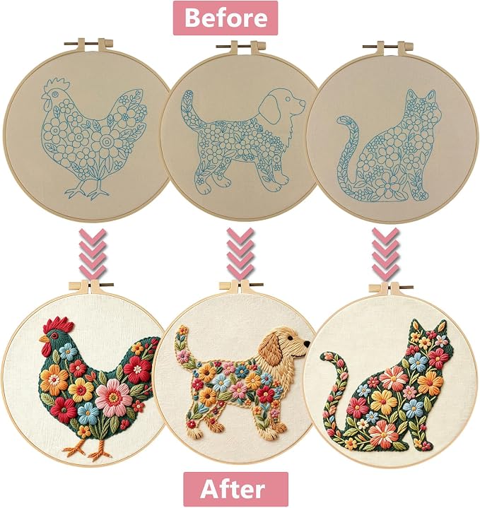 3 Packs Embroidery Kit for Adults, Embroidery for Beginners (Animal)