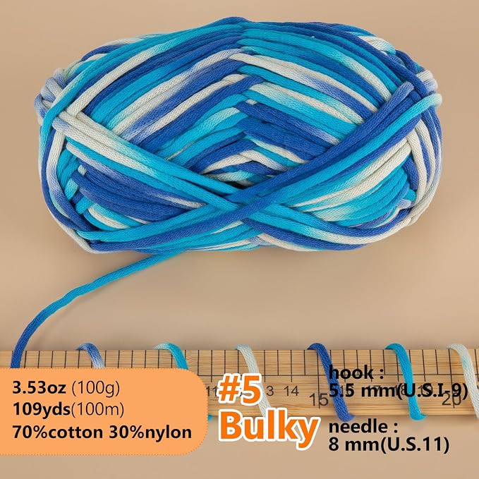 LUCKY BALL Yarn for Crocheting, 100g / 109 yd 70% Cotton 30% Nylon #5 Bulky Tube Yarn, Soft Crochet & Knitting Yarn for Bags, Hats, Socks, Sweaters, Blankets(Blue White)